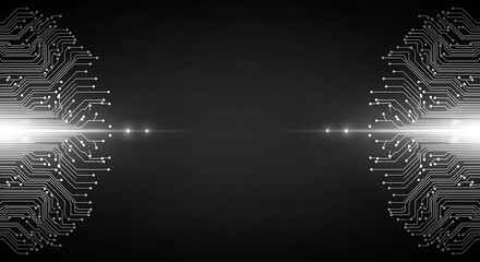 Poster - Abstract digital circuitry design with bright central light source, mirroring effect, dark background.