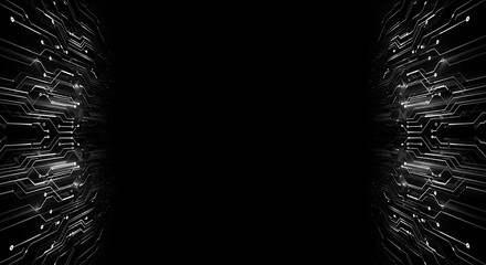 Poster - Abstract digital circuitry design, symmetrical, glowing lines on black background, technological concept.