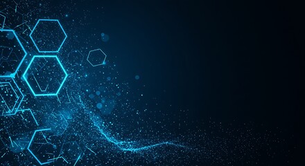 Poster - Abstract digital design featuring glowing hexagonal shapes and particle effects on a dark background.