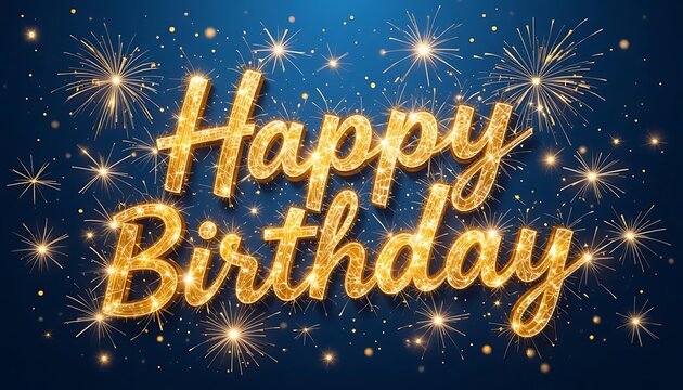 Happy Birthday handwritten typography sparkle firework line design gold royal blue background. 3D style