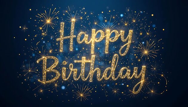 Happy Birthday handwritten typography sparkle firework line design gold navy background. 3D style	