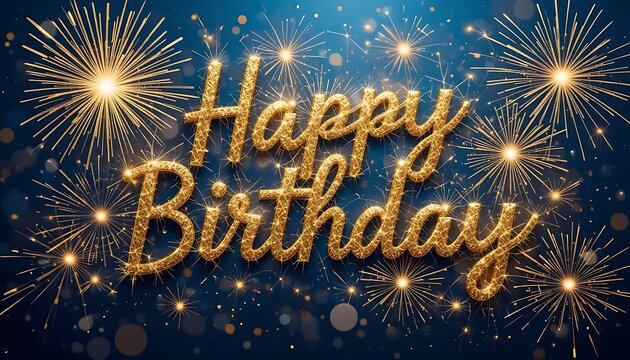Happy Birthday handwritten typography sparkle firework line design gold navy background. 3D style	
