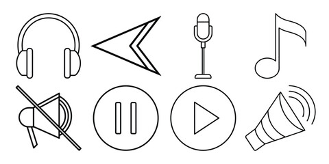 Poster - Set of eight linear audio icons isolated on white background