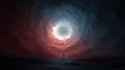 Wall Mural - Silhouetted figure in surreal vortex of red and blue clouds