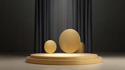 Poster - Golden Geometric Shapes on a Stage with Dark Drapery