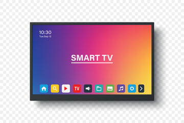 Vector 3d Realistic Smart TV Interface with Apps on Screen. Flat Smart Television Mockup with Remote App Icons, Colorful Home Media Display, Streaming Dashboard, Smart Display Panel, Modern TV