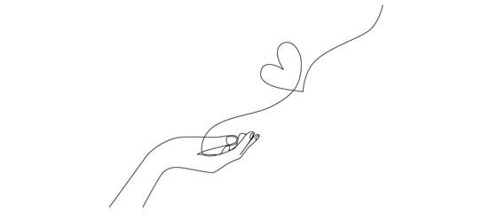 one continuous line drawing of hands holding heart. Concept of love relationship and volunteer organisation symbol.Vector illustration eps 10