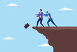 © Sohag sarkar - Vector illustration of a businessman pushing another businessman off the top of a mountain, representing fierce competition, betrayal, and power struggles in the corporate world