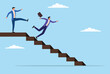 © Sohag sarkar - Vector illustration of a businessman shown kicking another businessman from the stairs, representing ruthless ambition, betrayal, and cutthroat competition in the workplace