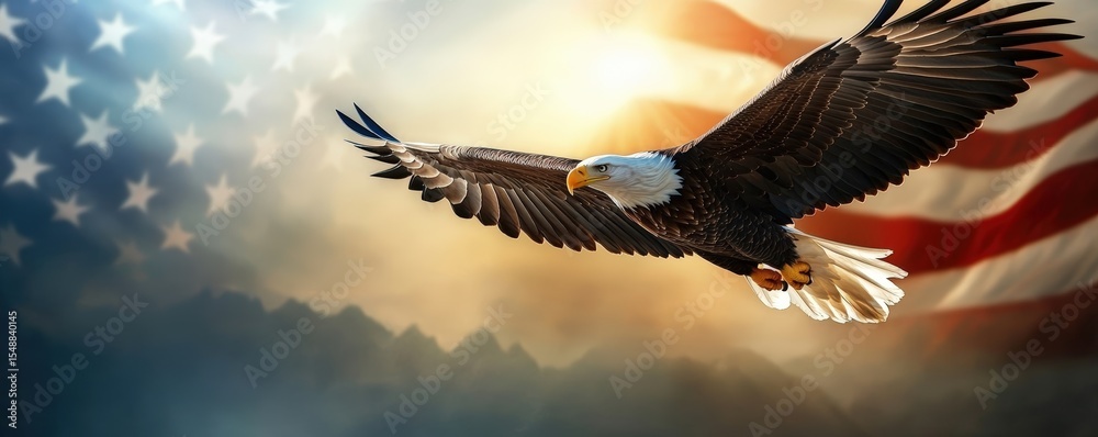 A majestic bald eagle soars with wings spread wide against a backdrop ...