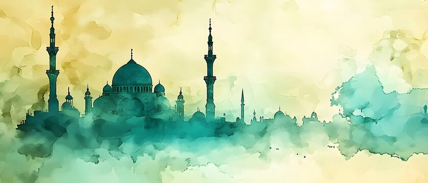 Aquamarine watercolor, mosque, eid.