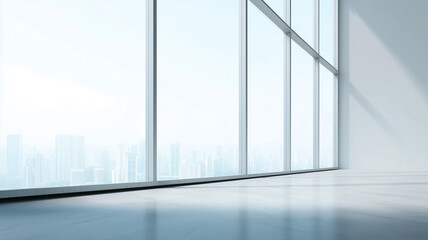 Aufkleber - Modern building with large windows, city background, bright natural light, spacious interior, minimalist style