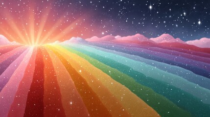 Wall Mural - Vibrant rainbow sunset over colorful mountains with starry sky