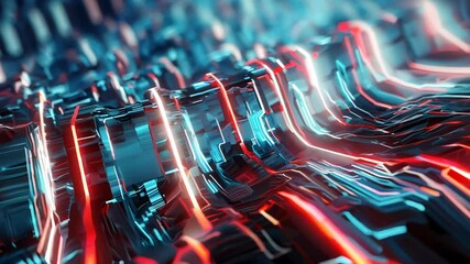 Leinwandbilder - Computer technology abstraction with connected hardware or data servers in neon lights of wires