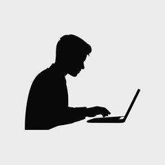 Fototapete - Black Silhouette of Person Typing on Laptop Computer Light Gray Background Office Worker Side Profile