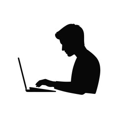 Fototapete - Black Silhouette of Person Typing on Laptop Computer Side Profile View Simple Minimalist Design image
