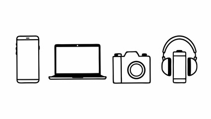 Poster - Line art illustration showcasing a smartphone, laptop, camera, and headphones arranged in a row design created with generated ai