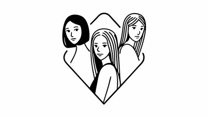 Poster - Three women in a diamond shape with varying hairstyles in a minimalist black and white illustration style created with generated ai