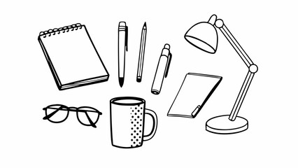 Fototapete - Illustration of a desk setup with a notebook, pens, pencil, mug, glasses, and a lamp in black and white created with generated ai