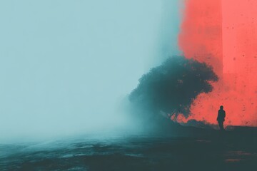 Poster - A man is walking in the woods on a foggy day