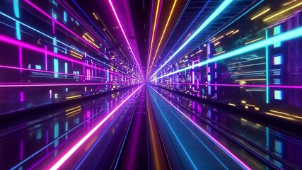 Fototapete - A vibrant display of neon streaks illuminating a futuristic tunnel at night, creating an immersive virtual experience that captivates the viewer's imagination