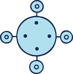 Poster - Abstract Light Blue Circle with Four Dark Blue Dots and Connected Smaller Circles Representing a Network or Connection Diagram on a White Background
