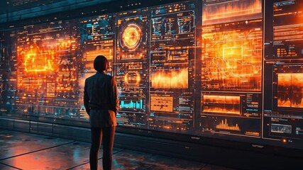 Futuristic Data Analyst: A Woman Observing Complex Data Visualization on a Giant Screen