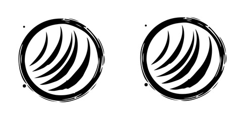 Aufkleber - Two circular black and white brush stroke logos with curved lines in a row on a white background design