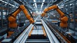 © KamStudio - High-tech EV factory production line with robotic arms handling battery modules, modern manufacturing facility in a spacious, clean composition