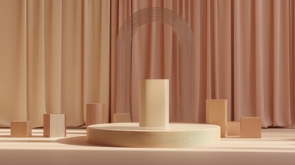 Poster - Minimalist display podium with draped curtains.