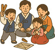 © 보경 정 - Korean Family Playing Yutnori in Hanbok (Chuseok Holiday Illustration)추석 가족 윷놀이 일러스트 (한복 전통놀이 장면)