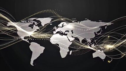 Fototapete - An abstract digital representation of a world map with flowing lines and dotted scales on a black background, creating a sense of movement and connectivity in a modern design