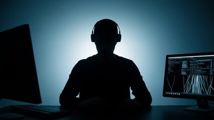 Hacker in Headphones Working on Computer Code