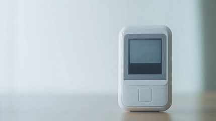 Compact Electronic Device with Screen and Button on a Wooden Surface