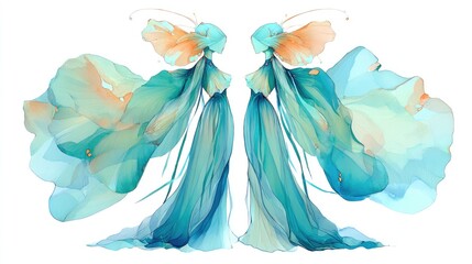 Poster - Two abstract figures in flowing blue and orange garments. The design features soft, fluid shapes and a harmonious color palette, evoking a sense of elegance and grace.