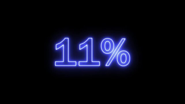 glowing neon 11% text neon animation. Neon number with alpha channel. colorful sign animation on a black background.