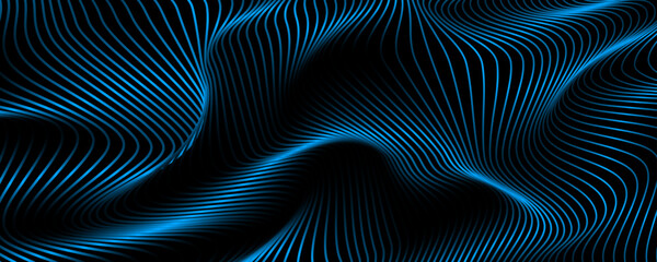 Poster - 3D blue lines techno abstract background overlap layer on dark space with waves effect decoration. Modern graphic design element stripes style concept for web, poster, flyer, card, or brochure cover