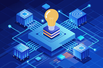 Poster - Isometric Light Bulb on Platform with Connected Cubes and Circuitry Design