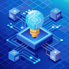 Poster - Isometric Lightbulb with Circuit Board and Cubes for Technology and Innovation