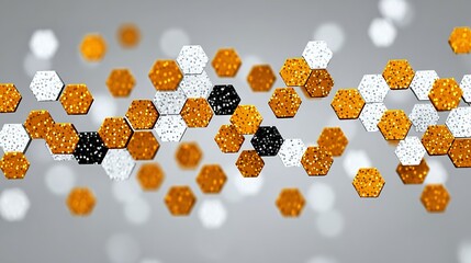 Fototapete - Geometric pattern of interlocking hexagonal shapes in white, black, and gold.
