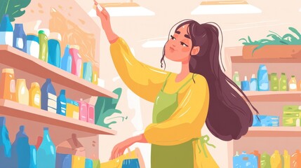 Poster - Woman reaching for product on shelf in a grocery store.