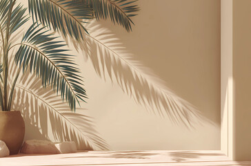 abstract background with shadows from palm leaves on a beige wall, an empty room for product present
