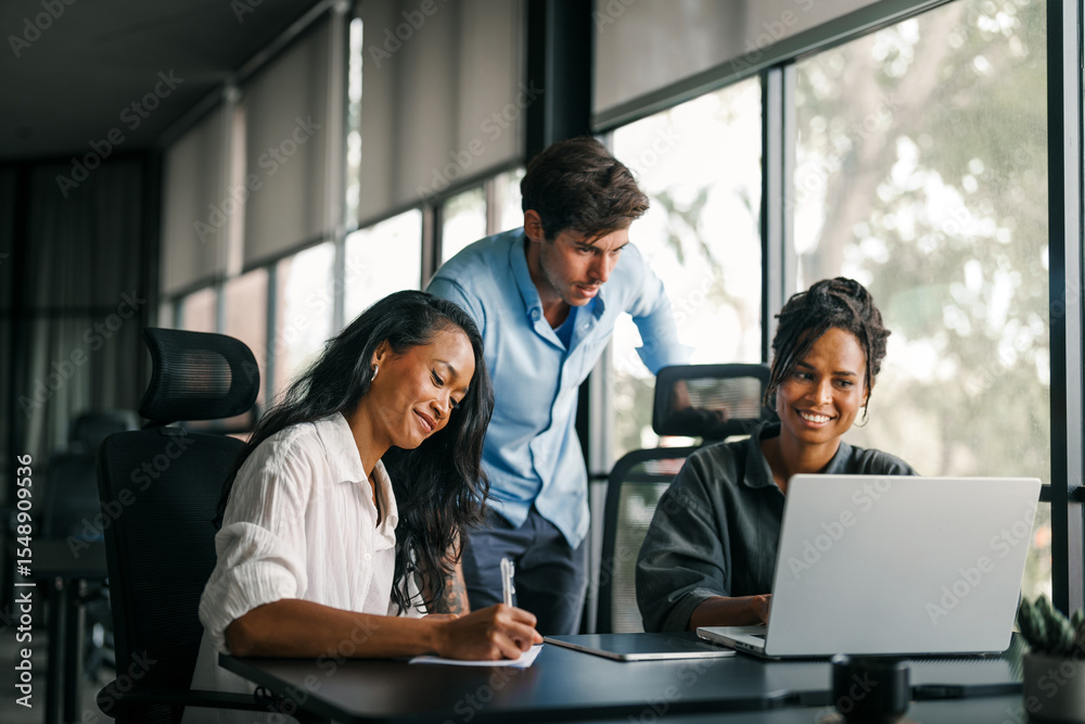 Group of busy happy diverse professional business team people working in office using digital ...