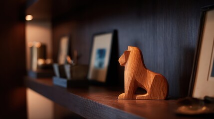 Poster - Wooden lion figurine sits on a dark wooden shelf.