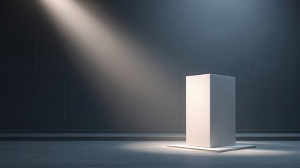 Poster - Empty white pedestal illuminated by spotlight in a dark room.