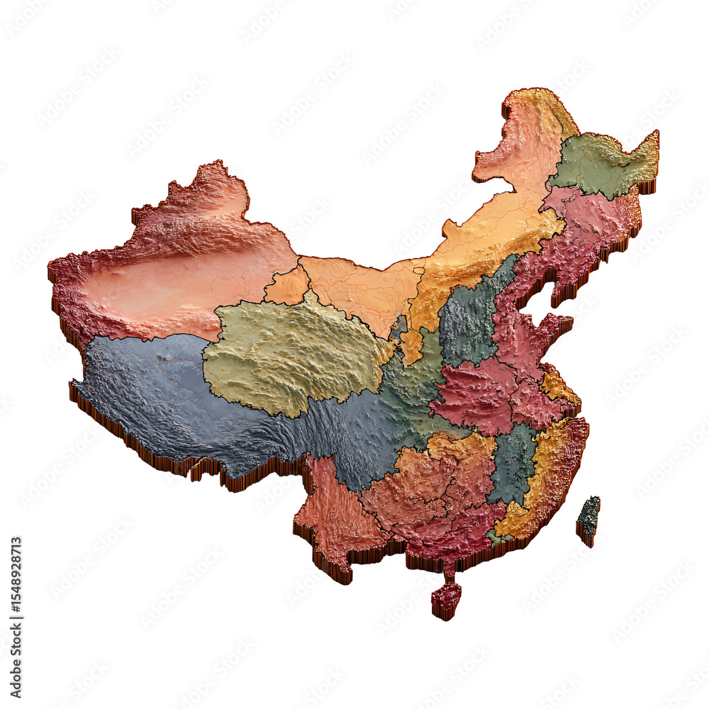 3D Map of China showing provinces diverse colors textured terrain 素材庫插圖 ...
