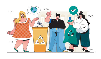 Poster - Waste management concept for modern web design. People collecting trash, sorting garbage into separate bins, take care of ecology, save Earth. Flat vector illustration isolated on white background.