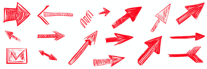 Poster - Hand drawn red arrow set with various directional styles and sketchy texture isolated on white background for design elements and navigation icons collection vector illustration