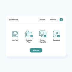 Poster - Teal and White User Interface Dashboard Showing Item Tags Category Filter Feature Highlight and Quick Add Options with Add New Button