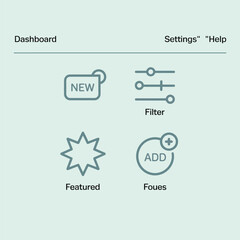 Fototapete - Teal and White User Interface Icons Dashboard Settings Filter Add New Featured Foues Minimalist Line Art Design Elements